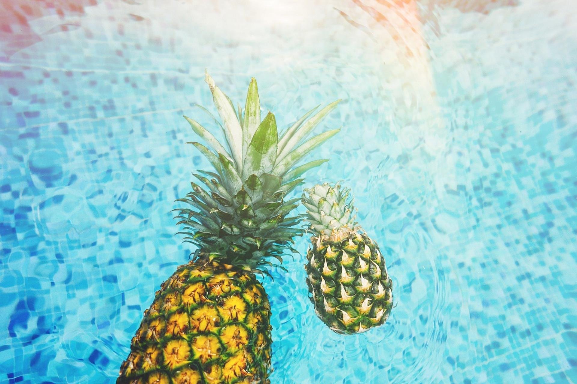 blauw zwembadwater met twee ananassen
