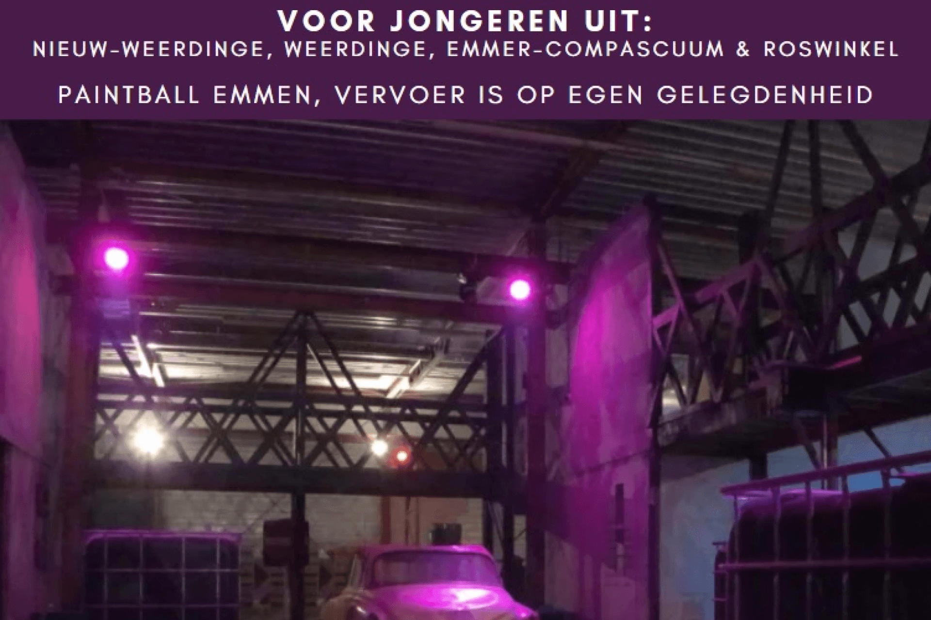 Poster in paarse tinten van paintballactiviteit voor jongeren in Emmen